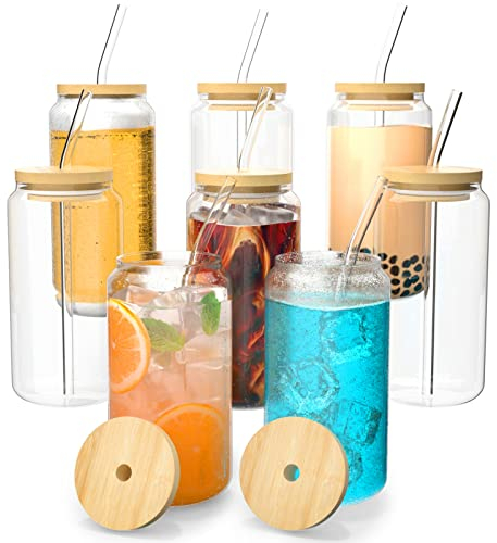 FINEW [8er Set] Trinkbecher Mit Deckel und Strohhalm Glas, 8er Cocktailgläser Set, 16oz/450ml Eiskaffee Gläser, Longdrinkglas mit 2 Reinigungsbürsten für Bubble Tea, Whiskey, Cocktail, Biergläser