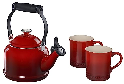 Le Creuset Enamel On Steel Demi Kettle with Metal Finishes & Stoneware Set of 2 Mugs, 1.25 qt. Kettle & (2) 14 oz. Mugs, Cerise