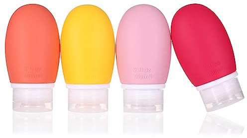 LIYUABU Silikon Reiseflaschen Set,4 Stück 60ml Auslaufsicher Squeeze Reise Container und Portable nachfüllbare Toilettenartikel Flaschenzubehörbehälter Leere Reisegröße für Shampoo Conditioner Lotion
