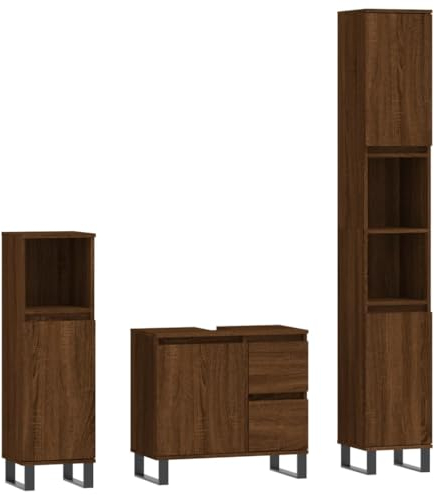 vidaXL Badmöbel Set 3 TLG., Badezimmermöbel mit viel Stauraum, Badschrank mit Eisenbeinen, Badezimmerschrank Waschbeckenunterschrank Hochschrank, Braun Eichen Optik Holzwerkstoff
