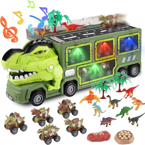 JIZZU Dinosaurier Spielzeug ab 3 4 5 6 7 Jahre, Dino Truck Spielzeug für Jungen, 5 Spielzeugautos, Autotransporter Dinosaurier LKW für Kinder, 9 Dinosaurier Figuren, Weihnachts Geburtstags Geschenke