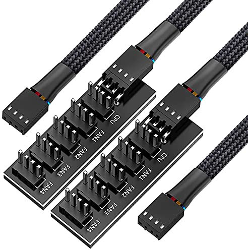 Tsudoku PWM Fan Hub Splitter, 4 Pin Black Sleeved 5 Way PC CPU Cooling Case Fan Extension Splitter Adapter Cable 40cm/15.7Inch