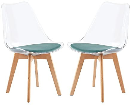 H.J WeDoo 2er Set Transparente Esszimmerstühle im Skandinavischen Stil, 2 Küchenstühle Massivholzbeine aus Buche mit Aqua Grünem Samt Sitzkissen