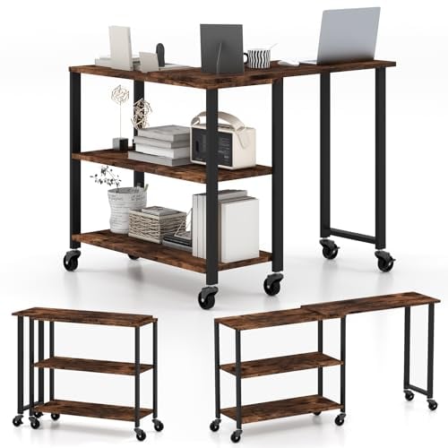 GIANTEX Beistelltisch Erweiterbar Umkehrbar, Eckschreibtisch L-Form mit 360° drehbarer Tischplatte, Couchtisch Sofatisch 3 Ebenen mit Rollen, Schreibtisch Computertisch Holz Vintage, 101x82,5x72,5 cm