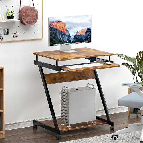 soges Schreibtisch Kleiner Computertisch Laptoptisch PC Tisch Z-Form mit Rollen und 2 Bremsen, Tastaturablage und CPU Ständer, 60 cm x 48 cm x 73 cm
