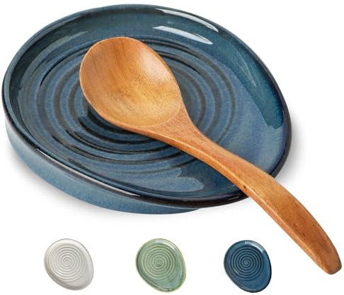Seyatoo Ceramic Spoon Rest for Stove Top, Spoon Holder for Kitchen Counter, Farmhouse Cooking Utensil Holder for Spoons, Ladles, Spatula, Glazed Blue