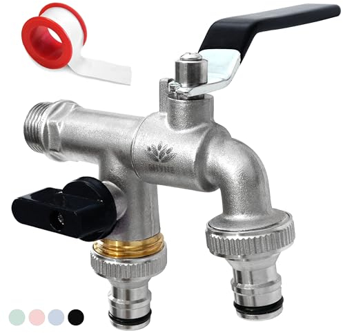 SHYNE - Doppio rubinetto in ottone antiruggine e antigelo da 1/2 pollici + 2 connettori per tubi + nastro PTFE + Ebook, adatto per giardino, lavatrici o serbatoi dell'acqua piovana
