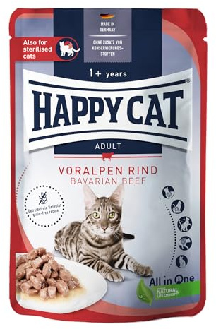 Happy Cat Culinary Meat in Sauce Rind Nassfutter Pouch, 85 g | Getreidefreies Nassfutter mit Rind in Sauce, für ausgewachsene Katzen ab 12 Monaten, Pouch 85 g