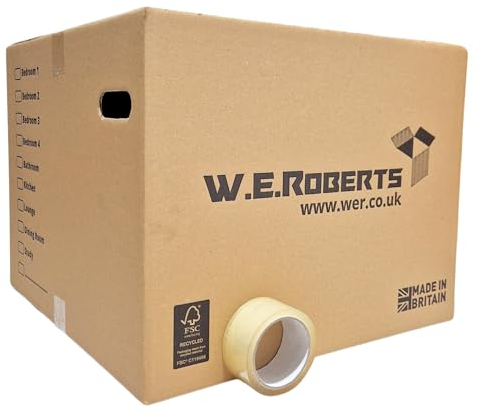 W.E. Roberts 5 Strong Extra Large Cardboard moving Boxes. Packing boxes for moving house with Printed Room List and Carry Handles 52cm x 52cm x 40cm cardboard boxes and 66 Metres Clear Low Noise Tape