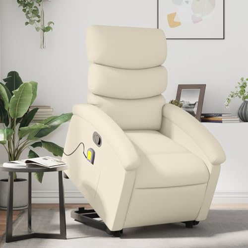 Homgoday Massagesessel mit Aufstehhilfe, Aufstehsessel, Relaxsessel, Fernsehsessel Ruhesessel mit Liegefunktion TV Sessel Liegesessel Sessel, für Wohnzimmer Creme Kunstleder