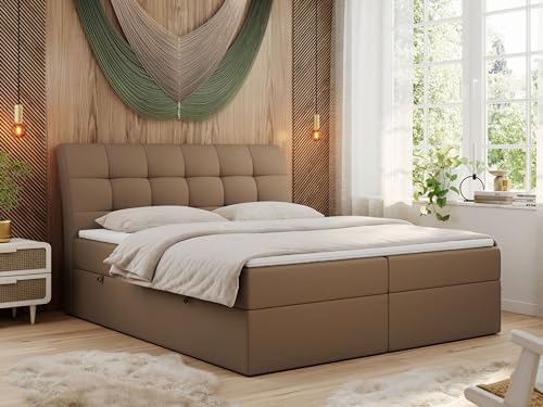MKS MEBLE Boxspringbett 180x200 mit Matratze, Bett mit Multipocket - Matratze H4 und Topper, Polsterbett 180x200 mit Bettkasten und Kopfteil, DIEGOS - Braun Kunstleder