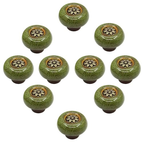 HDJNal 10 Stück Vintage Keramik Tür Schubladengriffe 32mm Runde Schubladenknöpfe Möbelknöpfe Türknöpfe Möbelgriffe für Schränke Kommode Küche Kinderzimmer (Bronze-Grün)