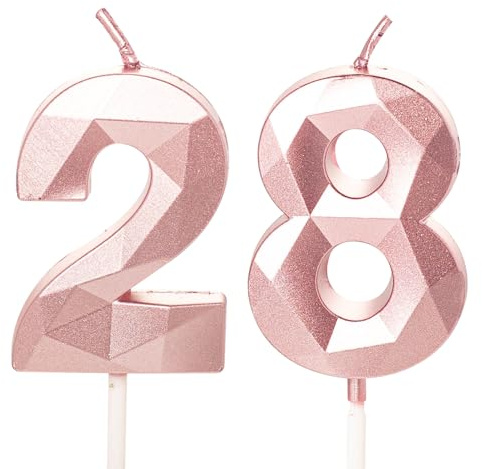 Rose Gold 28th Birthday Candles - Number 28 Candles for Cake, Rose Gold Birthday Cake Toppers
