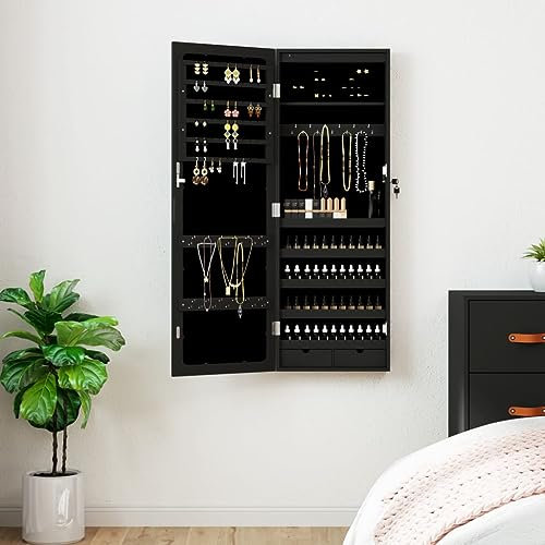 Sufrk Schmuckschrank mit Spiegel und LED-Beleuchtung, Wandmontage, Schwarz, Schlafzimmer, Innenspiegel, Wandspiegel, Wohnzimmer