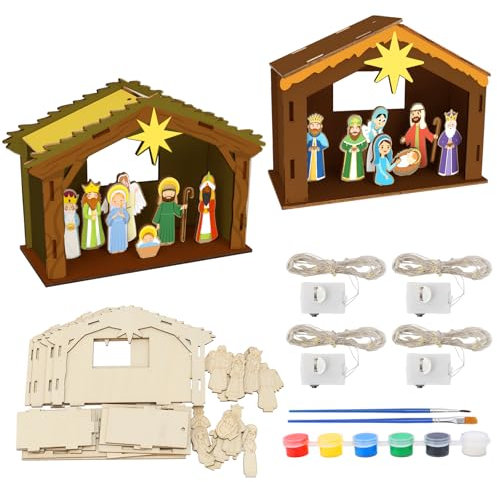APODESS 4SET Krippenhaus LED Teelichthaus Weihnachten Bastelset Kinder Weihnachtskrippe Beleuchtet Holz Teelicht Haus mit LED Lictkette Krippe Weihnachtshaus Bausatz zur Weihnachtsbaum Hängendsdeko