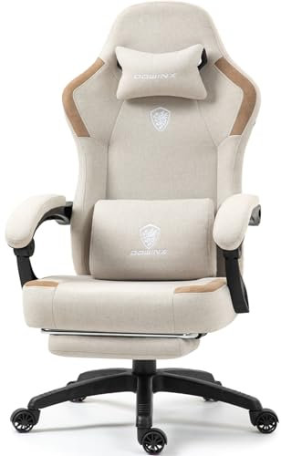 Dowinx Gaming Stuhl Stoff mit Frühling Kissen, Massage Gaming Sessel mit Fußstütze, Ergonomischer PC Stuhl Racing Gamer Stuhl Bürostuhl 150 kg Belastbarkeit, Beige
