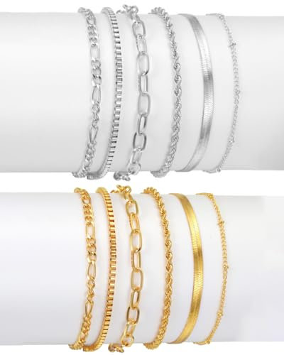 TPZORJX armbänder damen,12Pcs Armband Damen Edelstahl Ketten Armbänder Set 14K Vergoldet Armbander Twist Schlange Armkette Damen CZ Verstellbar Armband Set Charm Armband Silber gold Armband für Frauen