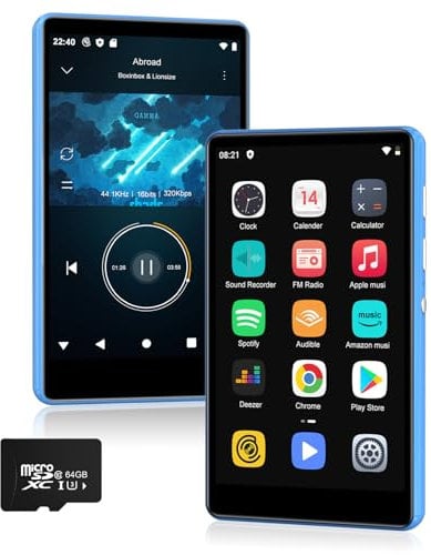 SWOFY M503Pro MP3 Player with Spotify Blue,80GB MP3 Player with Bluetooth and WiFi,2000mAh MP4 Player with 4 Touchscreen, Android Music Player with Spotify Kids, Amazon Music, Play Store