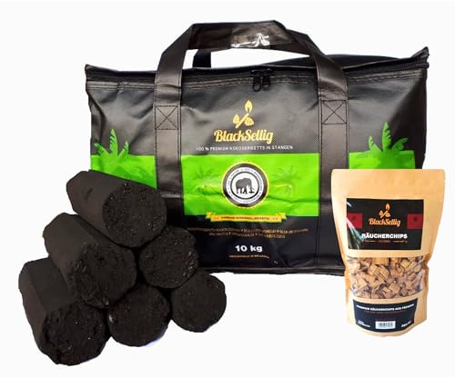 BlackSellig Beach Kokos Grillbriketts XXL | Reine Kokosnussschalen Grillkohle | umweltfreundlich | raucharm | extra Lange Brenndauer | Beach Cocos Stangen (10kg XXL Stangen + 360g Smokerchips)