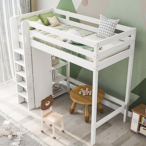 Merax Kinderbett Hochbett 90x200 cm, mit Kleiderschrank und 6 Regalen, Multifunktionales Einzelbett mit Leiter und Stauraum, für Kinder und Jugend, Ohne Matratze, Weiß/208x110x186cm