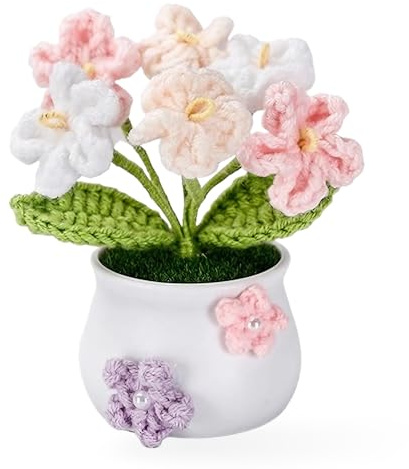 Nhemeylp Knitting Crochet Flowers Potted Plants Fake Forget Me Not Flowers for Friends Family Lover Crochet Flower Bouquet Artifical Handmade Knitted Plants Desk Decor for Office Home (Gradient Pink)