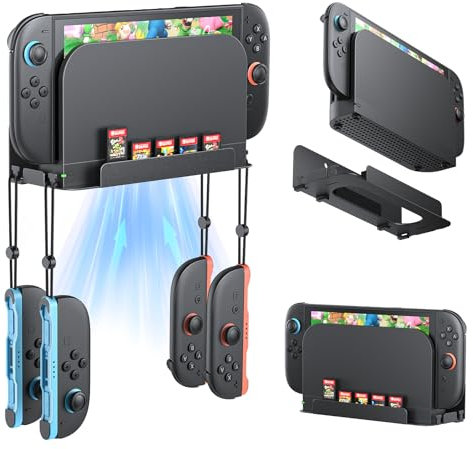 FASTSNAIL [Switch2/1 Kompatibel] Wandhalterung für Nintendo Switch 2 Konsole Organizer für Switch 2025, Regal Base Kit hinter TV, Switch 2 Zubehör mit 4 Joypad Haken und 5 Kartenfächer