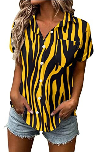 Jagdbekleidung Damen Bluse Damen Frühling Sommer Bedruckte Kurzarm V-Ausschnitt Shirt Top Bluse Damen Blusen Festlich (Yellow, S)