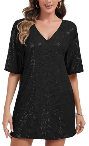 Women's Sequin Sparkly V Neck Mini Dress Half Sleeve Cocktail Party Shift | Women's Glitter Sequin Dress Sparkle Crew Neck V-Neck Half Sleeve Loose Backless Mini T-Shirt Dresses for Party Club Cocktail