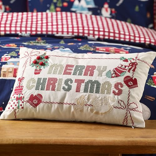Catherine Lansfield Merry Christmas Cross Stitch 30x50cm Cushion Natural