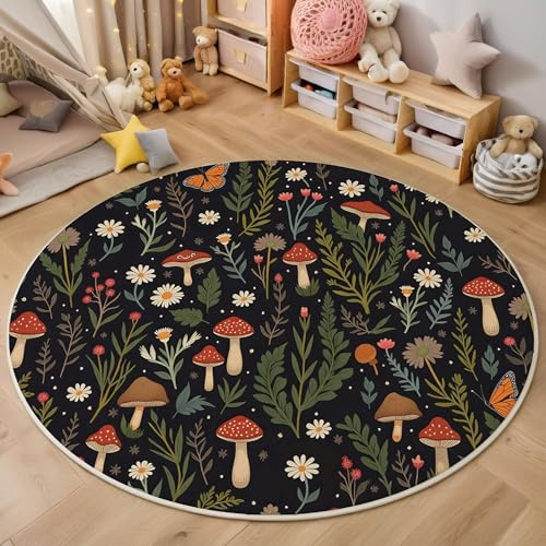ZISTRCBAO Pilz Blumen rutschfest Runder Teppich 120cm, Vintage-Pflanze Runder Teppich Wohnzimmer, Schwarz Dekoration Teppiche Weich Waschbar Für Zuhause Bodenmatte Schlafzimmer Dekorativer Teppiche