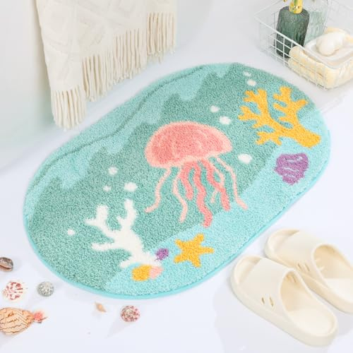 Loismood Süße Ozean-Badematte Super saugfähig rutschfest Moderne Badezimmermatte Maschinenwaschbar Flauschiger Teppich für Badewanne, Dusche und Schlafzimmer (Quallen, 60 cm x 40 cm)