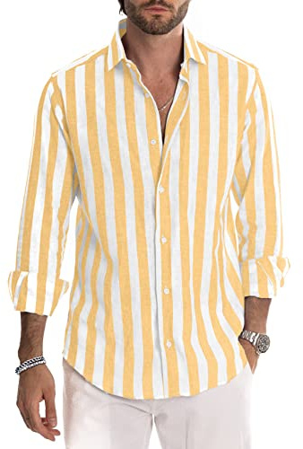 JMIERR Mens Linen Shirts Long Sleeve Button Down Striped Shirts | Cotton,Casual,Beach Holiday Vacation Dress Shirt,Office,Machine Wash,England,Loose Fit,Men's Fashion