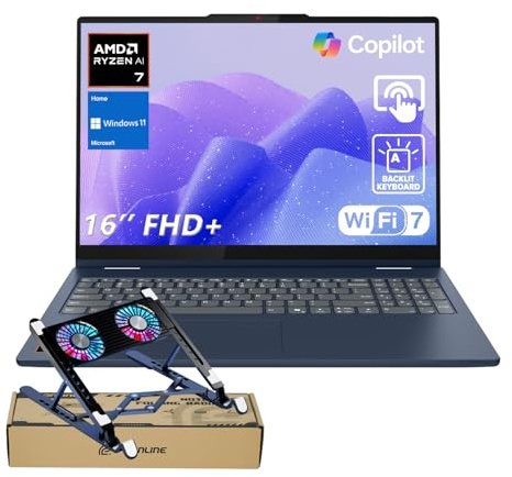 Lenovo IdeaPad 5 Ordinateur portable à écran tactile 2 en 1 FHD+ 16 po, AMD Ryzen AI 7 350, 16 Go de RAM, 1 To SSD, Wi-Fi 7, W11H, PC convertible léger et silencieux avec Copilot AI, bleu, ensemble