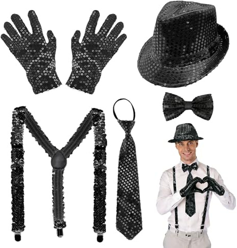 GYIOFAI Disco-Kostüm für Herren, Glitzerkostüm-Zubehör für Erwachsene, Jazz-Tanz, Pailletten, Hut, Handschuhe, Krawatte, Fliege, Hosenträger im 70er-Jahre-Stil, Disco-Kostüm, für Karneval, Party