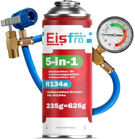 Eisfro - 5in1 - Kältemittel R134a + Schlauch, 235 g für Auto Klimaanlage mit Öl, Dichtungsmittel, UV-Farbstoff, Trocknungsmittel - Schützt den Kompressor