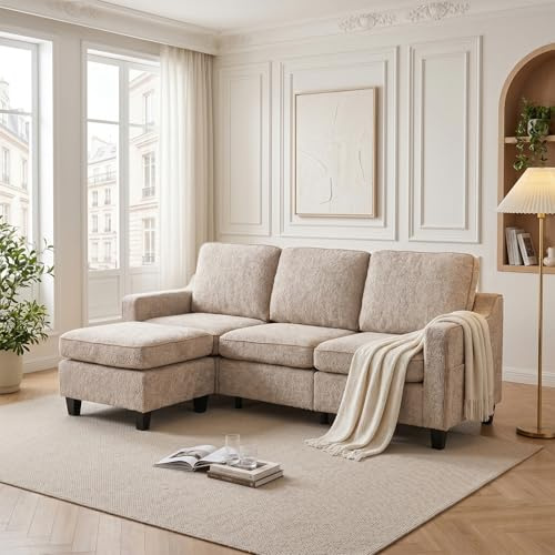 JIEXI 3+1-Sitzer Sofa mit Ottomane, Frei Kombinierbares Wohnzimmer-Sofa aus Teddy-Fleece, Atmungsaktiv, Hohe Belastbarkeit 230 kg, inkl Seitentasche, Sofa für Wohnzimmer, Schlafzimmer, Büro – Beige
