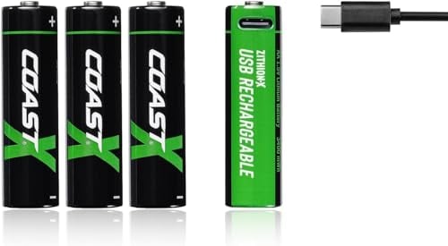 Coast Batteria AA USB-C, Zithion-X, agli ioni di litio 1,5 V, 2400 mAh, durevole, ricarica fino a 2,5 ore, oltre 1000 cicli di ricarica, cavo di ricarica incluso, confezione da 4