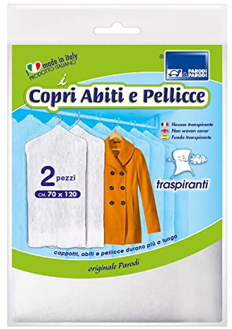 PARODI & PARODI - Copri Abiti e Pellicce da Armadio, Copriabiti Antipolvere Trasparenti e Traspiranti per Appendibiti, Ideali per Vestiti, Pellicce, Cappotti e Giacche, 70x120cm, Set 2 Pezzi