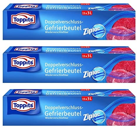 Toppits Doppelverschluss Beutel 3L (27 x 24cm), 3er Pack (3 x 15 Beutel)