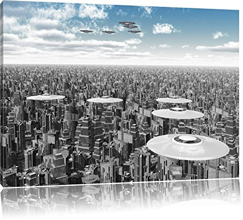 Pixxprint UFO´s über der Stadt, Größe: 80x60cm, Leinwandbild, fertig gespannt, Wandbild, Dekoration, Kunstdruck, kein Poster