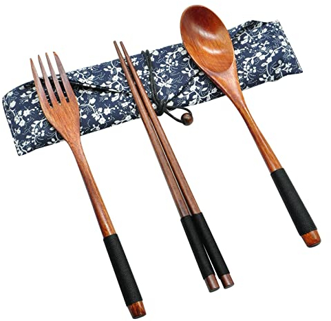 Wooden Cutlery Set, Japanese Style Wooden Chopsticks Fork and Spoon Portable Cutlery Set with Case for Camping Pinic Travel Work