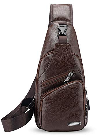 FANDARE Sling Bag Brusttasche Schultertasche Herren Sling Bag Crossover Rucksack mit USB Umhängetasche Sporttasche für Geschäft,Wandern,Abenteuer,Sport, Reisen Wasserdicht PU Dunkelbraun