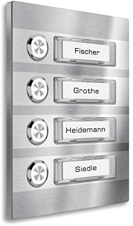 Metzler Türklingel Aufputz 4-Fach – Edelstahl V2A – Austauschbare Namensschilder – Wahlweise mit oder ohne Beleuchtung – Mehrfamilienhaus-Klingel inkl. Befestigung