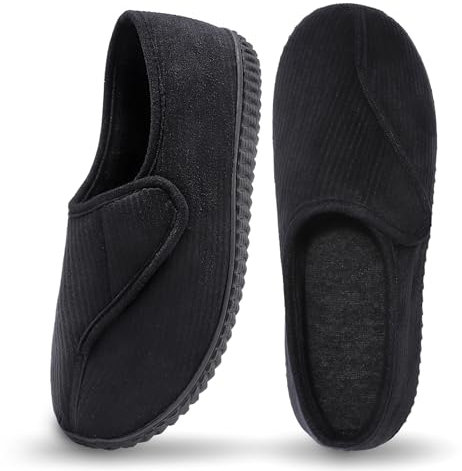 Git-up Diabetic Slippers Shoes for Men Arthritis Edema Adjustable Closure Toe Swollen Feet Slippers Memory Foam Comfy Bedroom House Indoor Outdoor Shoes, Black UK/9