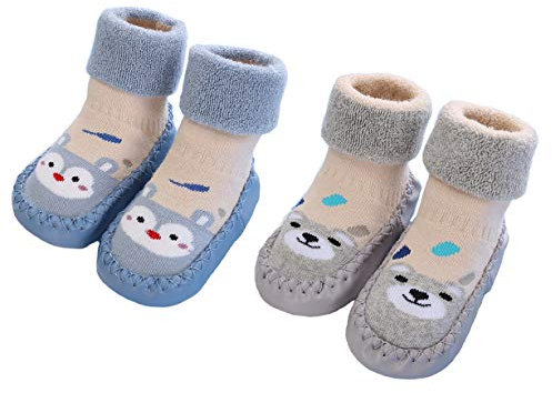 2 Paar Weiche Baby Hausschuhe Winter Socken Kleinkind Mädchen Hausschuhe Baumwolle Neugeborene Jungen Warme Lauflernschuhe Weiche Sohle Rutschfest Krabbelschuhe, Blau Grau, Größe 12-18 Monate