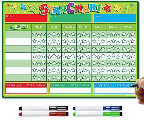 TMS Reward Chart for Children - Magnetic Star Chart for Recognising and Inspiring Good Behaviour in Toddlers and Kids, Boys and Girls. Comes with 4 Magnetic Coloured Dry Wipe Pens!