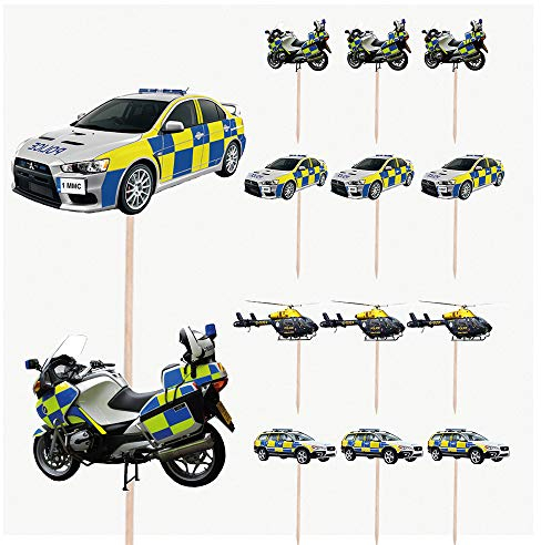 AK Giftshop Real Police Vehicles Car Motorbike Helicopter Birthday Party Food Cupcakes Picks Decorations Toppers (Pack of 14)