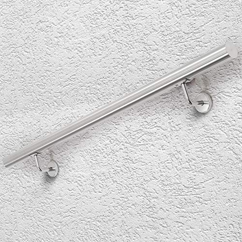ECD Germany Edelstahl V2A Handlauf 100cm, rund Ø42mm, rostfrei, gebürstet, Innen/Außen, inkl. Wandhalterung, Edelstahlhandlauf Wandhandlauf Treppengeländer Geländer Treppe Wandhalter Haltegriff Stange