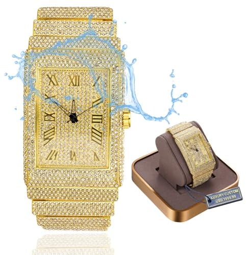 Halukakah Moissanit-Diamantuhr für Herren - 18K Echtes Gold/Platin-weißes Gold Plattiert,Basiswasserdicht,Rechteckiges Zifferblatt mit Römischen Ziffern,Schwer Gefertigt,3-seitig Iced Out,24cm Armband
