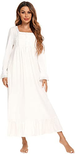 Verve Jelly Womens' Nightgown Long Sleeve Vintage Victorian Nightshirt Lounge Dress Lace Maternity Breastfeeding Nightdress White 2 L